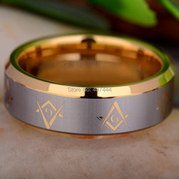 Masonic Gold Color Bevelled Men's Fashion Tungsten Wedding Ring - The Jewellery Supermarket